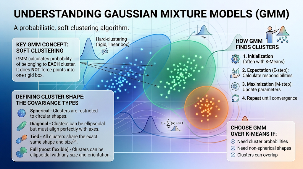 One pager explanation of GMM. Image generated by AI. Google Gemini, 2026.