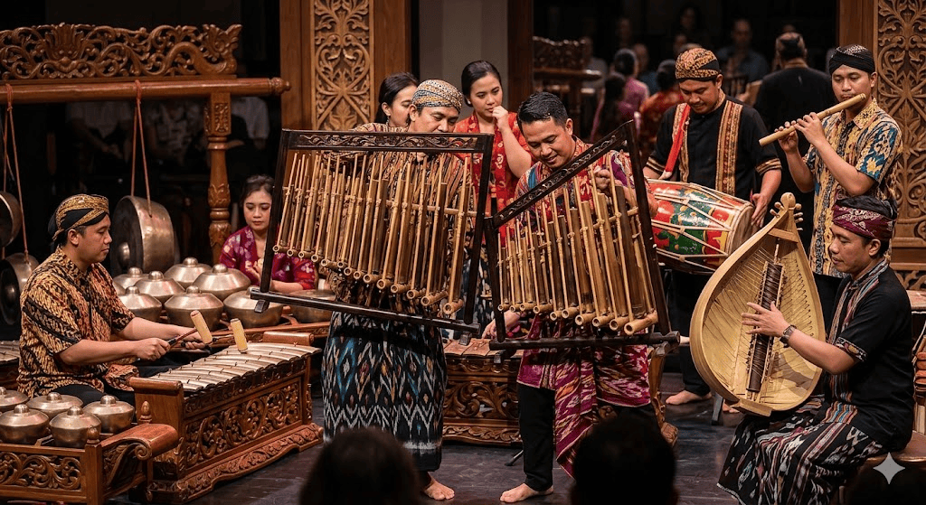 Harmoni Nusantara: Ansambel musisi memainkan ragam alat musik tradisional Indonesia di atas panggung.