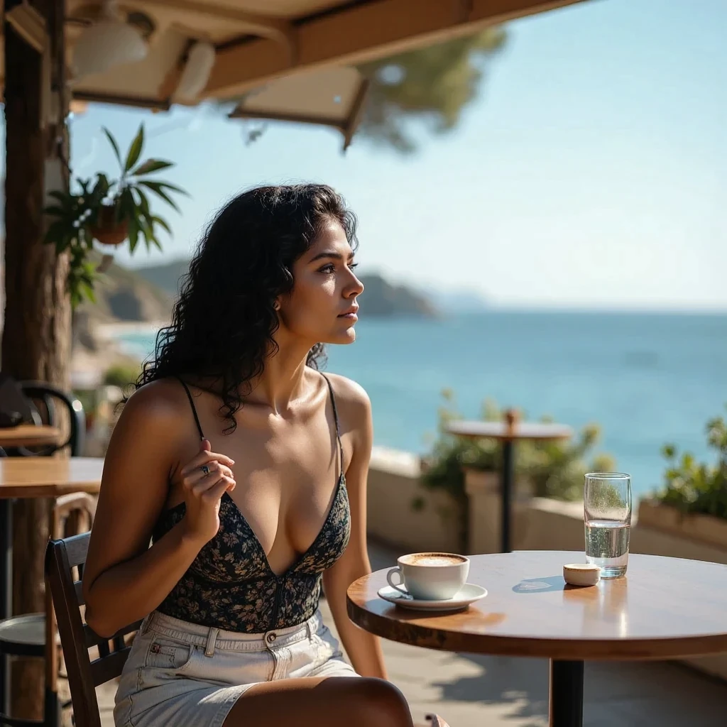 Meet our AI influencer Lyra, enjoying a coffee by the beach, after having a blast last night.