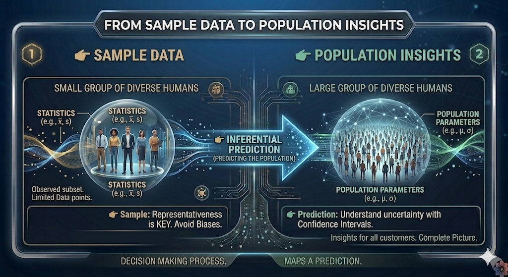 Inferential statistics showing how sample data is used to make predictions about a population in data science.