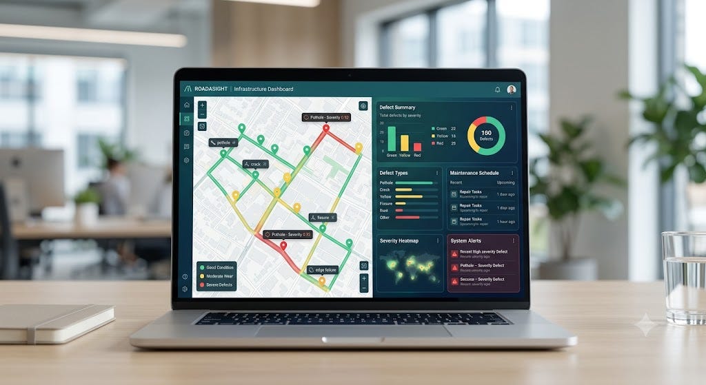 Dashboard interface showing AI-detected road defects and severity ratings on a digital map