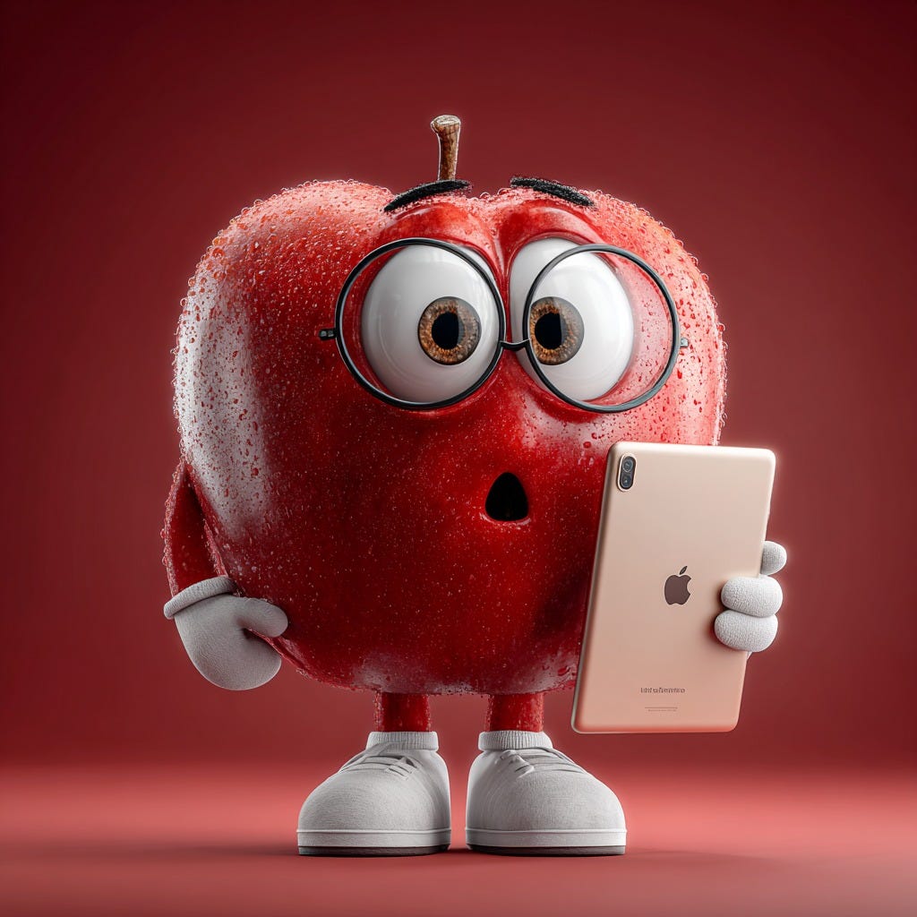 an image of an apple character with his device — created and owned by John Weber AI Art