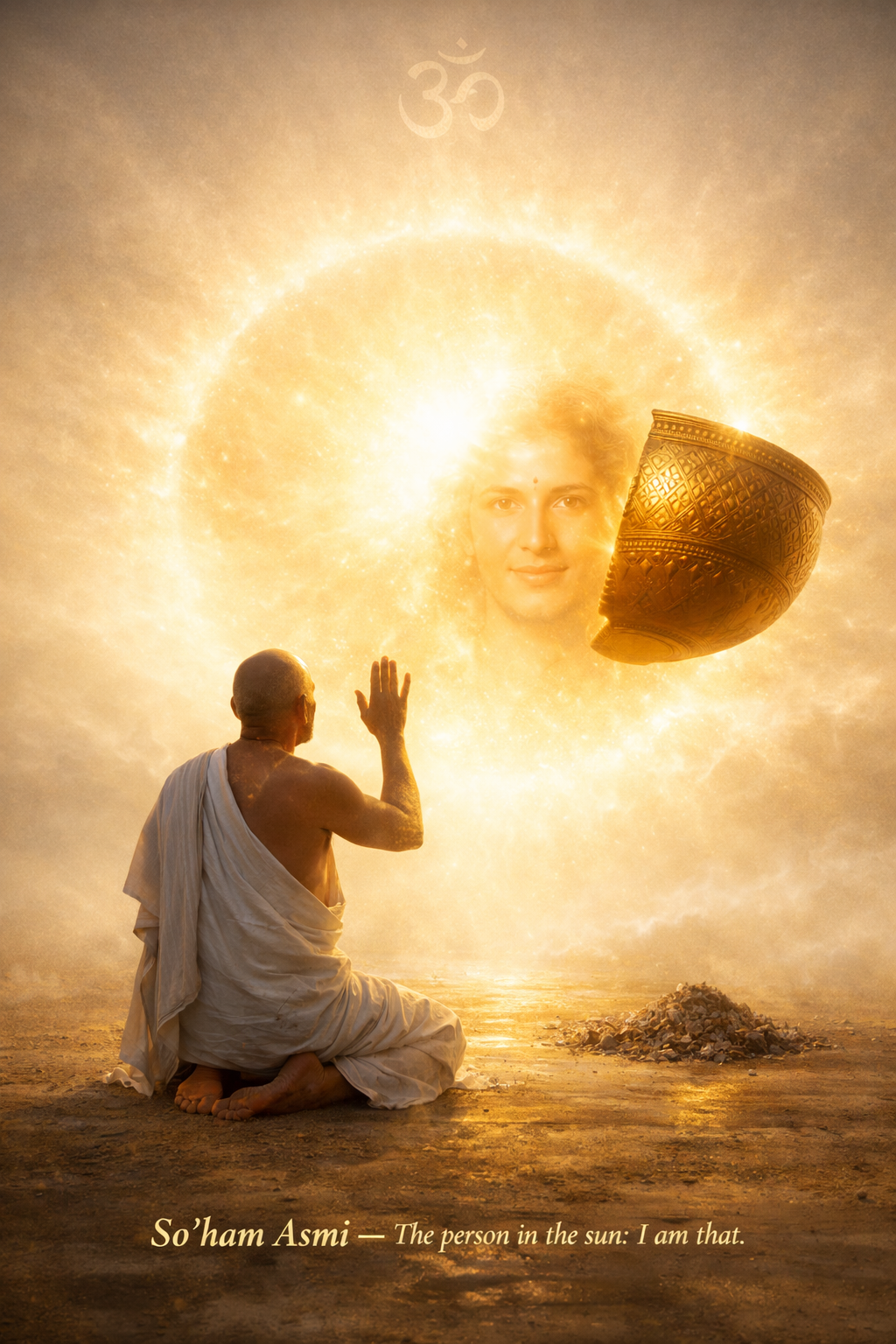 Brihadaranyaka Upanishad 5.15 — The golden vessel covers the face of Truth. O Pushan, sole seer, remove it — for the sake of one whose dharma is Truth. That most auspicious form of yours — that I see. The person who is there — I am that. Body to ash. O Agni, lead us by the good path. To you, the most abundant praise.