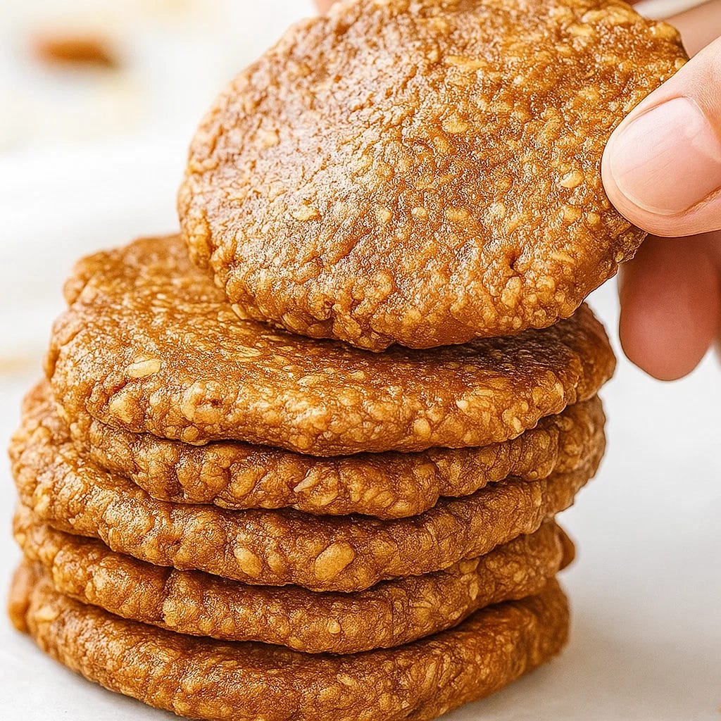 A hand lifts a soft, chewy no-bake oatmeal cookie from a stack made with just oats, peanut butter, and maple syrup
