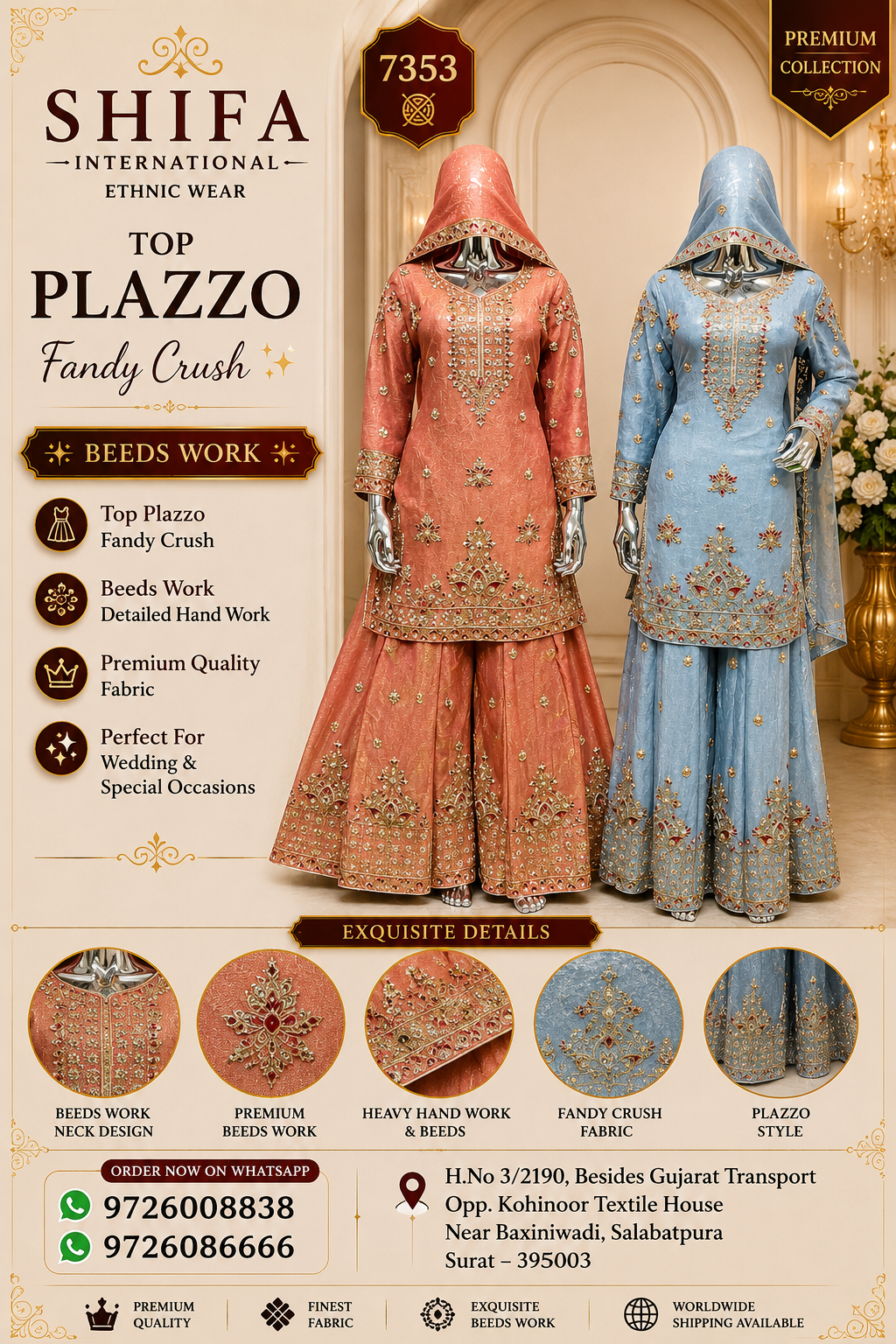 Premium Top Plazzo with Fandy Crush Fabric & Beeds Work | Shifa International Surat