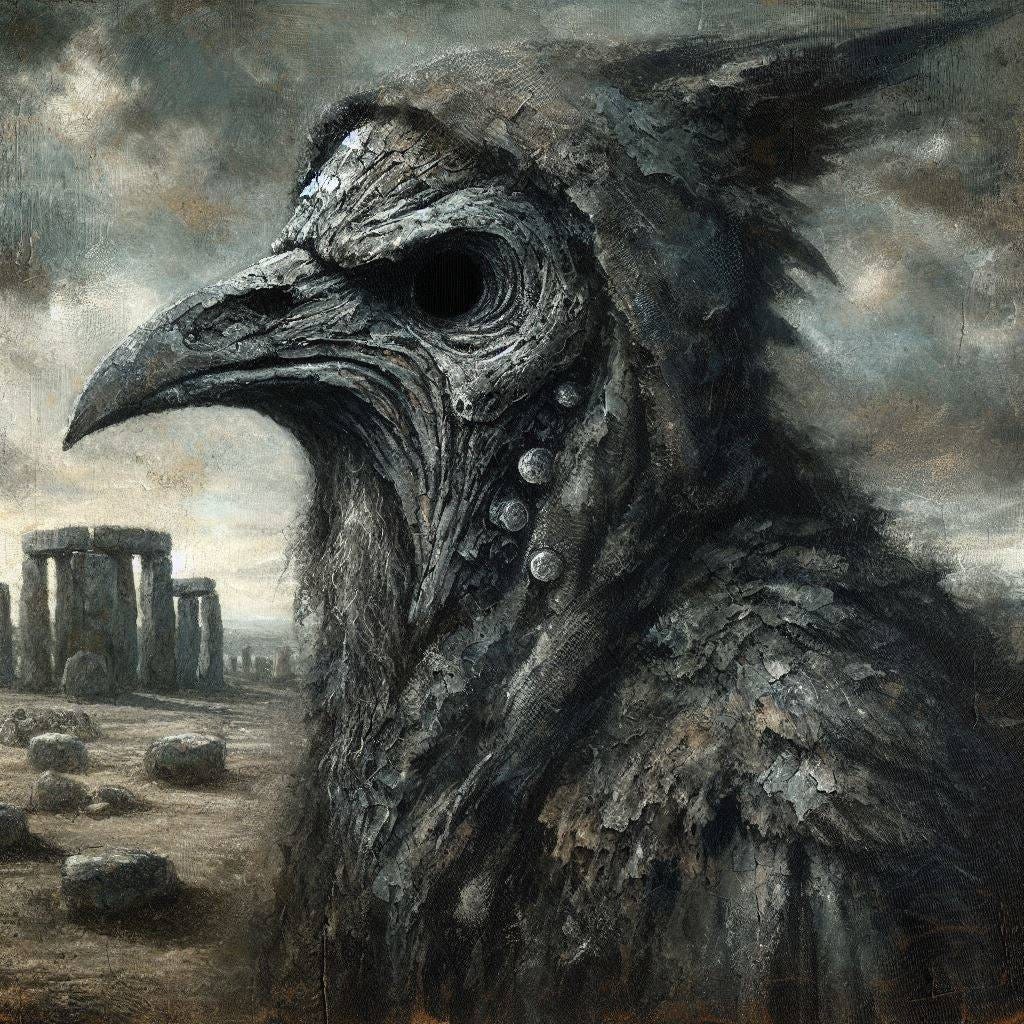 The Raven Druid: Charcoal dust embedded in casein paint gives the weathered raven mask qualities of both painting and drawing, illustrating the hybrid medium explored throughout this article. AI art.