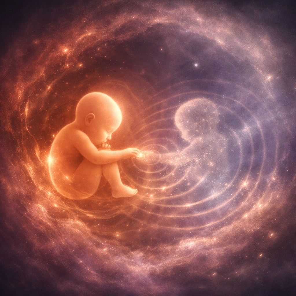 One of the embryos is dying and remains only as a faint memory as it gets absorbed; that's the vanishing twin that leaves the other behind with a big impact on the womb twin survivor. AI-generated image