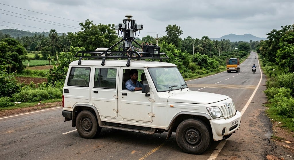 AI-equipped survey vehicle used for road monitoring in a district infrastructure project