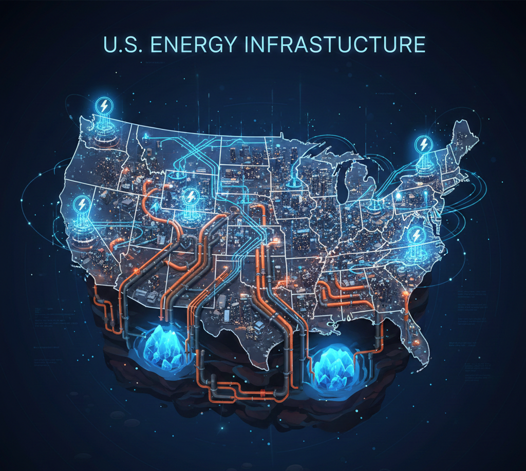 U.S. energy infrastructure overview, illustrating the interconnected network of pipelines, storage systems, and power grids that depend on subsurface stability and informed geological decision‑making.