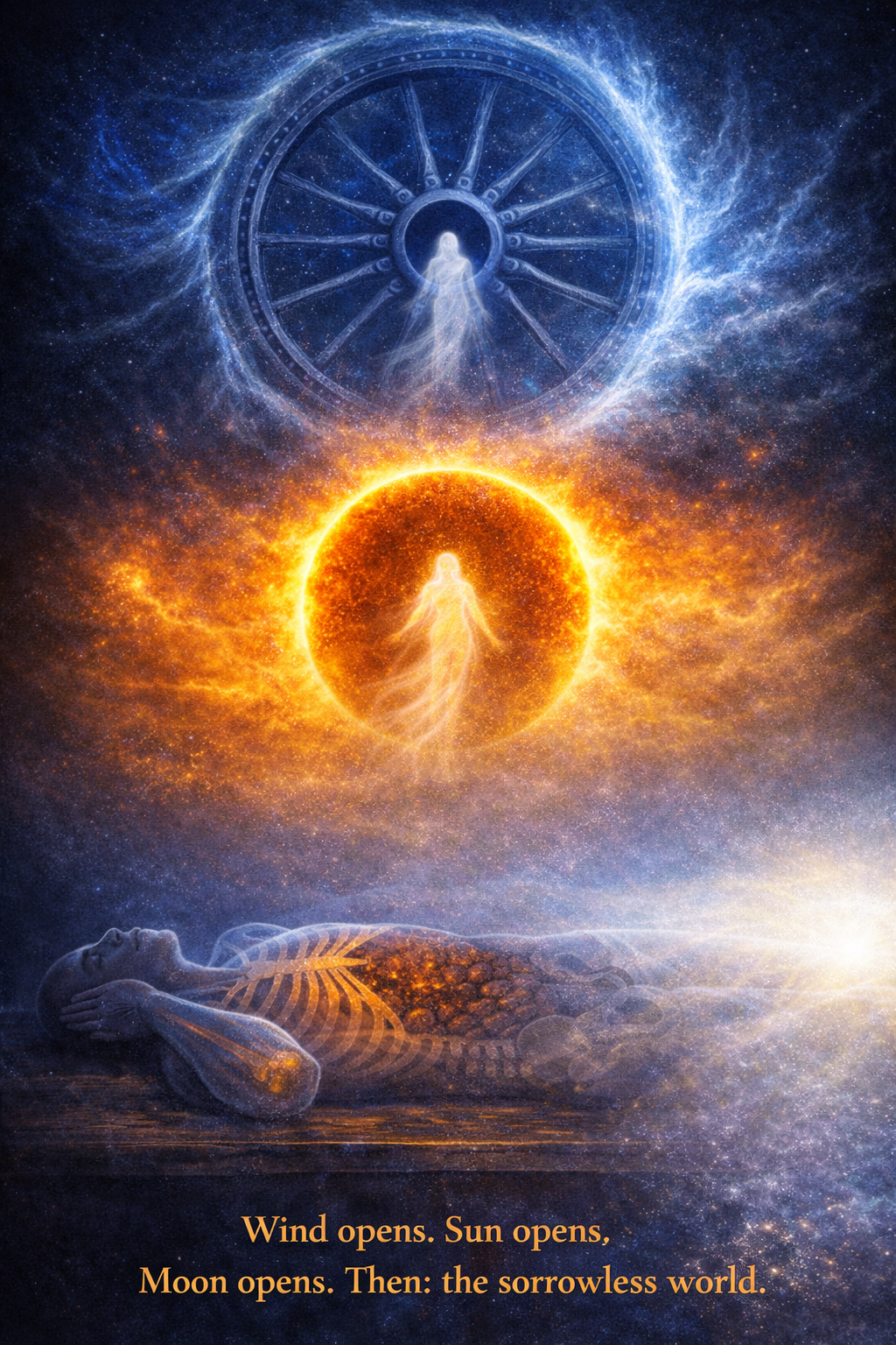 Brihadaranyaka Upanishad 5.10 — At death the soul passes through wind (opens like a wheel-hub), through the sun (opens like a drum), through the moon (opens like a drum membrane). Then: the sorrowless, winterless world. Eternal dwelling.