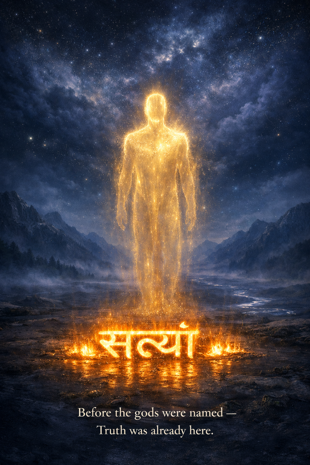 Brihadaranyaka Upanishad 5.4 — Satya (Truth) is the great first-born yaksha, the primordial presence preceding all worlds. He who knows Truth as Brahman wins all worlds. For Truth itself is Brahman.