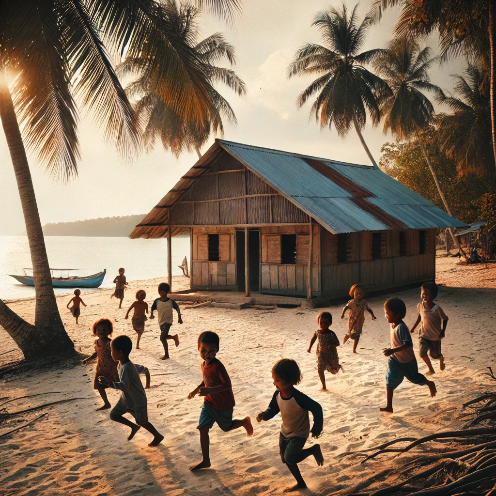 “Island childhood — school, sand, and smiles by the sea.”