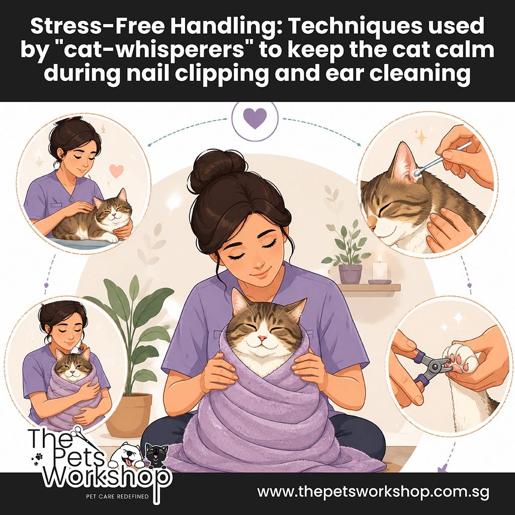 Stress-Free Handling: Techniques used by “cat-whisperers” to keep the cat calm during nail clipping…