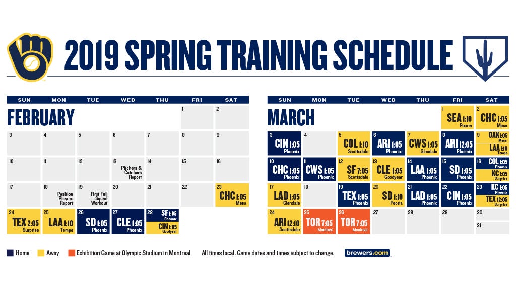 BREWERS ANNOUNCE UPDATED SPRING TRAINING SCHEDULE, by Caitlin Moyer