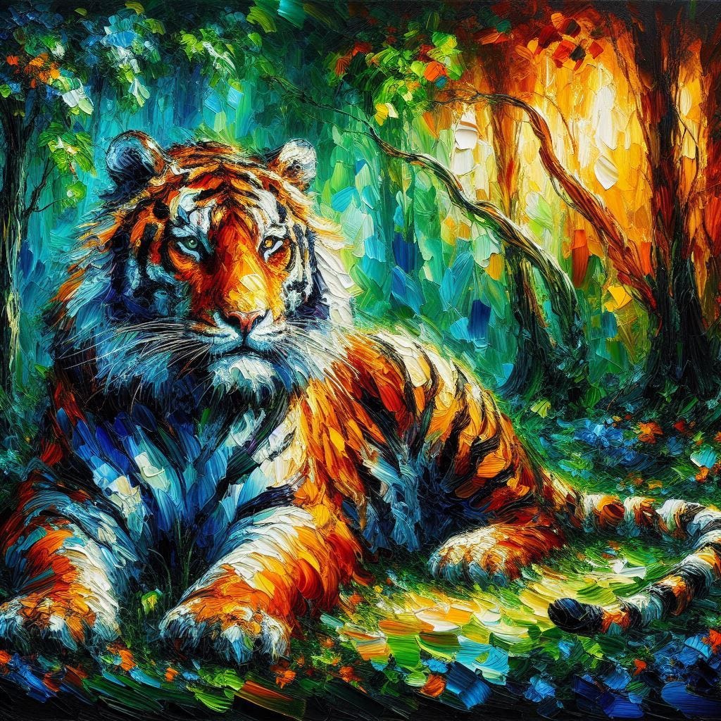 ‘conte crayon scribble art, opposite of minimalist, tiger‘→ ‘painting of tiger in woods, opposite of DSLR photograph’: The “opposite of minimalist” AI prompt drives the image into dense, maximalist construction, filling the composition with layered conte crayon scribbles and intricate, overlapping linework. In contrast, the “opposite of DSLR photograph” breaks away from photographic realism entirely, replacing smooth lens-based rendering with thick, expressive paint textures and highly saturated, painterly color transitions.