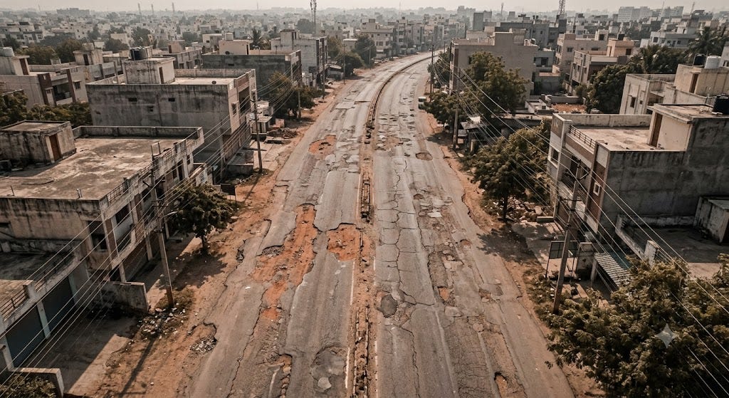 Aerial view of a damaged road surface showing potholes and cracking typical of under-monitored road networks