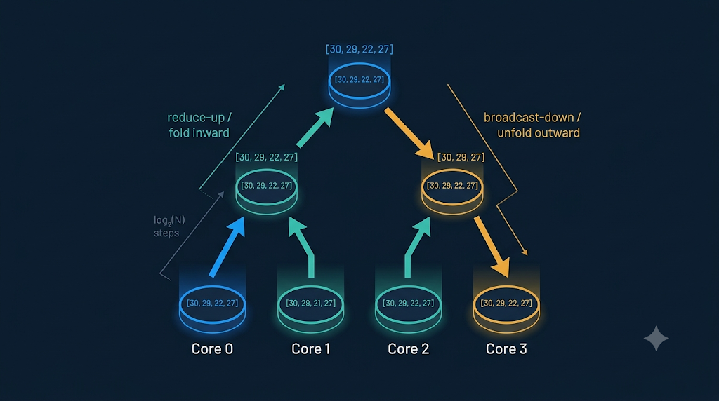 Tree Communication Collective by Hand: Why the Cost Is 2 log2(N), and When That Beats the Ring
