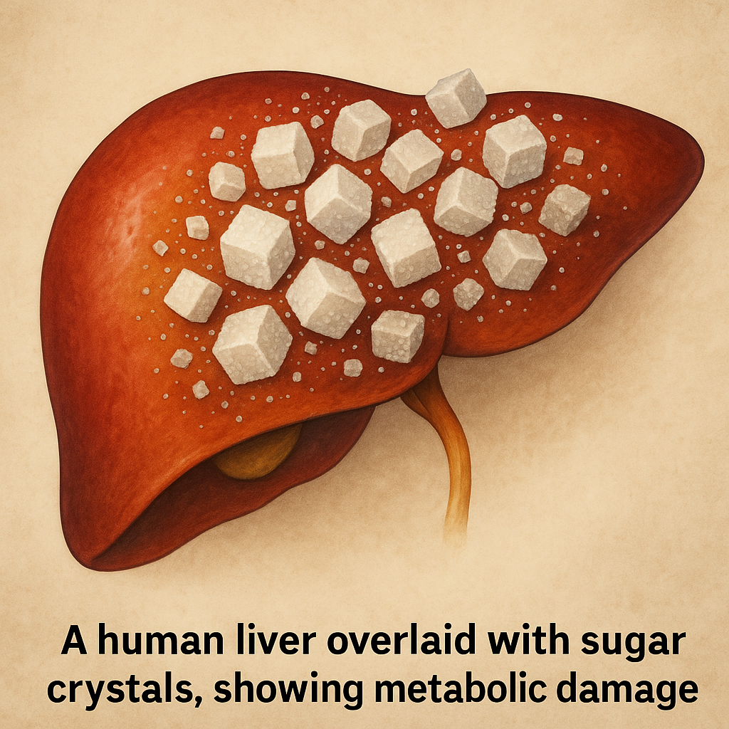 A human liver overlaid with sugar crystals, showing metabolic damage. By TandA.