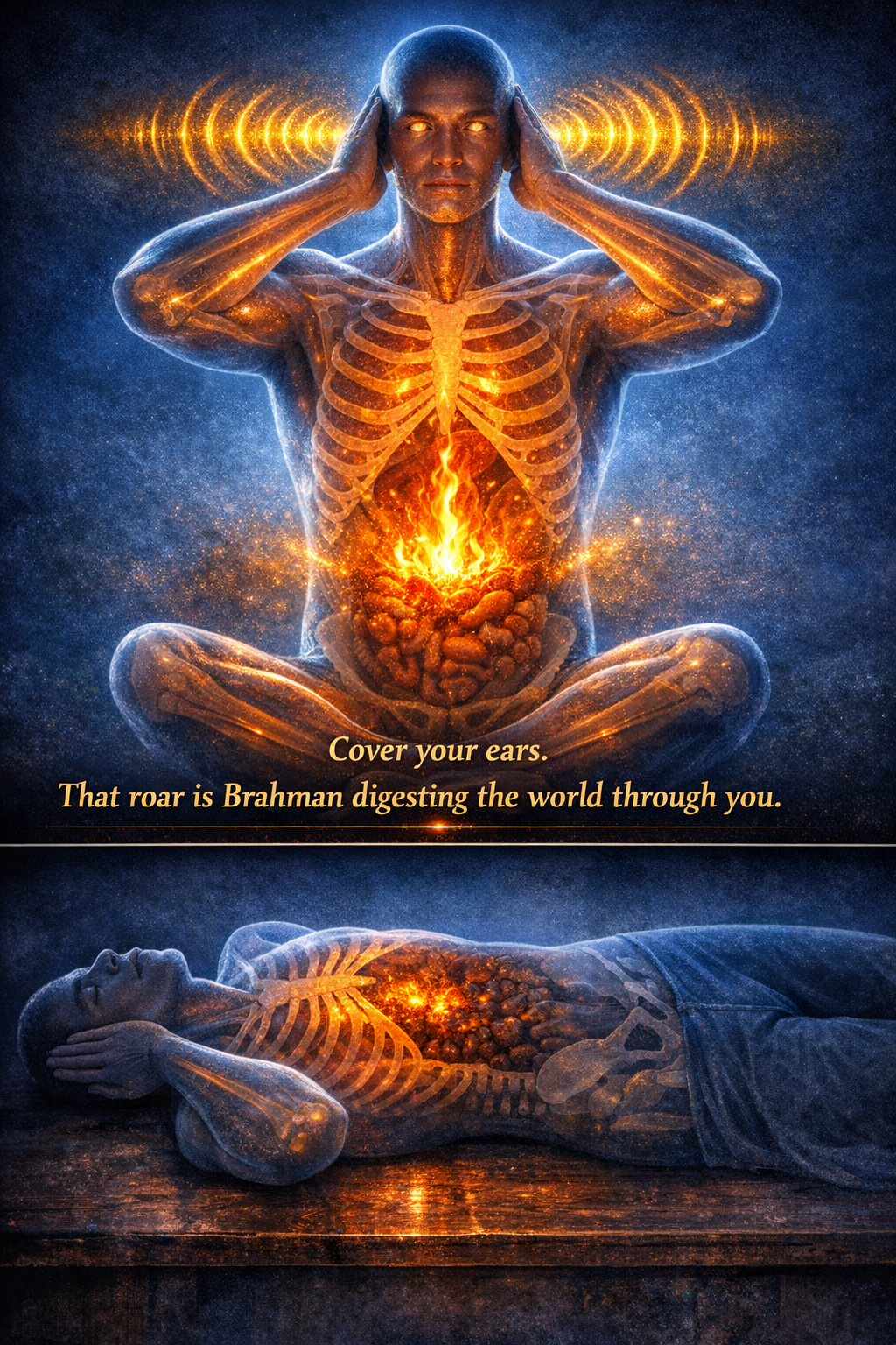 Brihadaranyaka Upanishad 5.9 — The fire of Vaishvanara burns within every person, cooking what is eaten. Its sound is heard when you cover both ears. At death, that sound ceases. Listen now while you can.