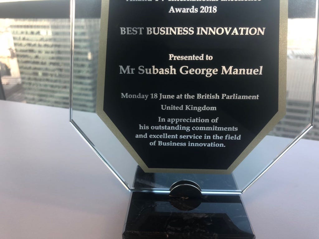 Subash George Manuel, CEO of CCRB, receives award for Business Innovation from UK Parliament