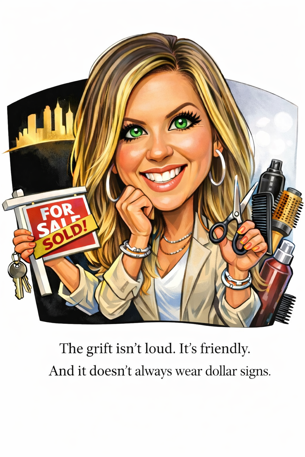This is the AI photo my former hairdresser uploaded to Facebook, edited by me to remove her name. It had originally said, “realtor and hairstylist” under her name, which I’ve removed for her privacy.