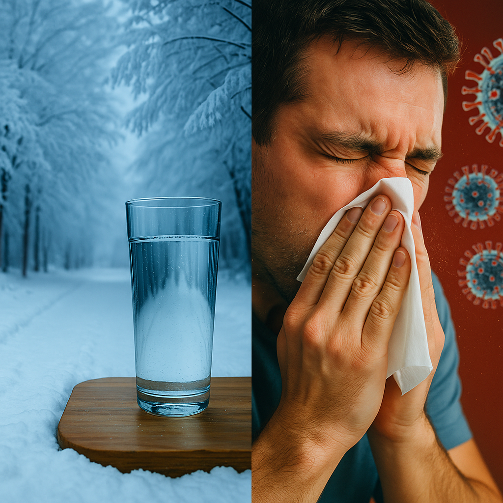 Visual contrast between cold weather and viral illness, highlighting that cold air alone does not cause colds.