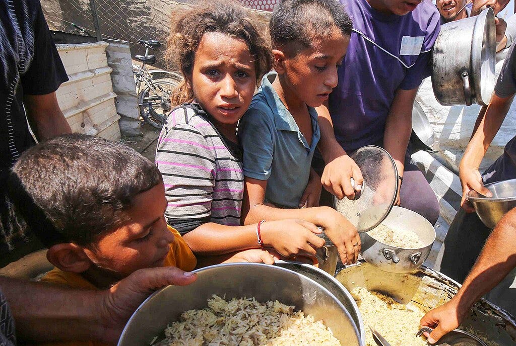 Displaced Palestinians in Deir al-Balah line up to receive food provided by charitable organizations (August 2024). Source: Gaza Strip Famine (Wikipedia).