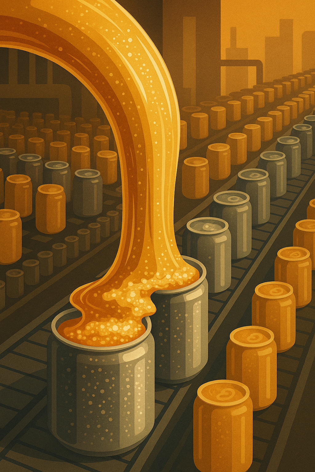 A river of corn syrup pouring into factory molds shaped like soda cans — symbolizing mass production of sweetness. By TandA.