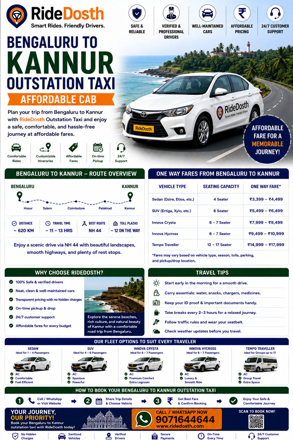 Bengaluru to Kannur Outstation Taxi — Affordable Cab