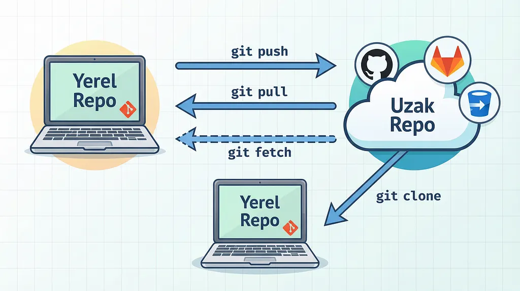 git clone, git push, git pull, git fetch komutları