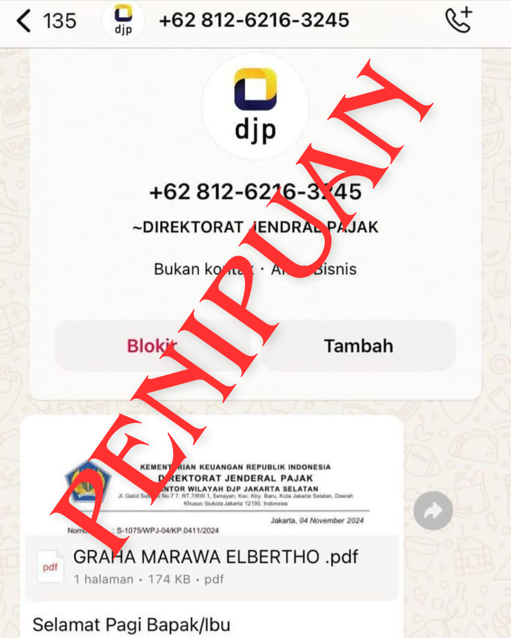 Pesan WhatsApp Mengatasnamakan KPP Pratama Jakarta Selatan untuk Verifikasi Data Pajak adalah…