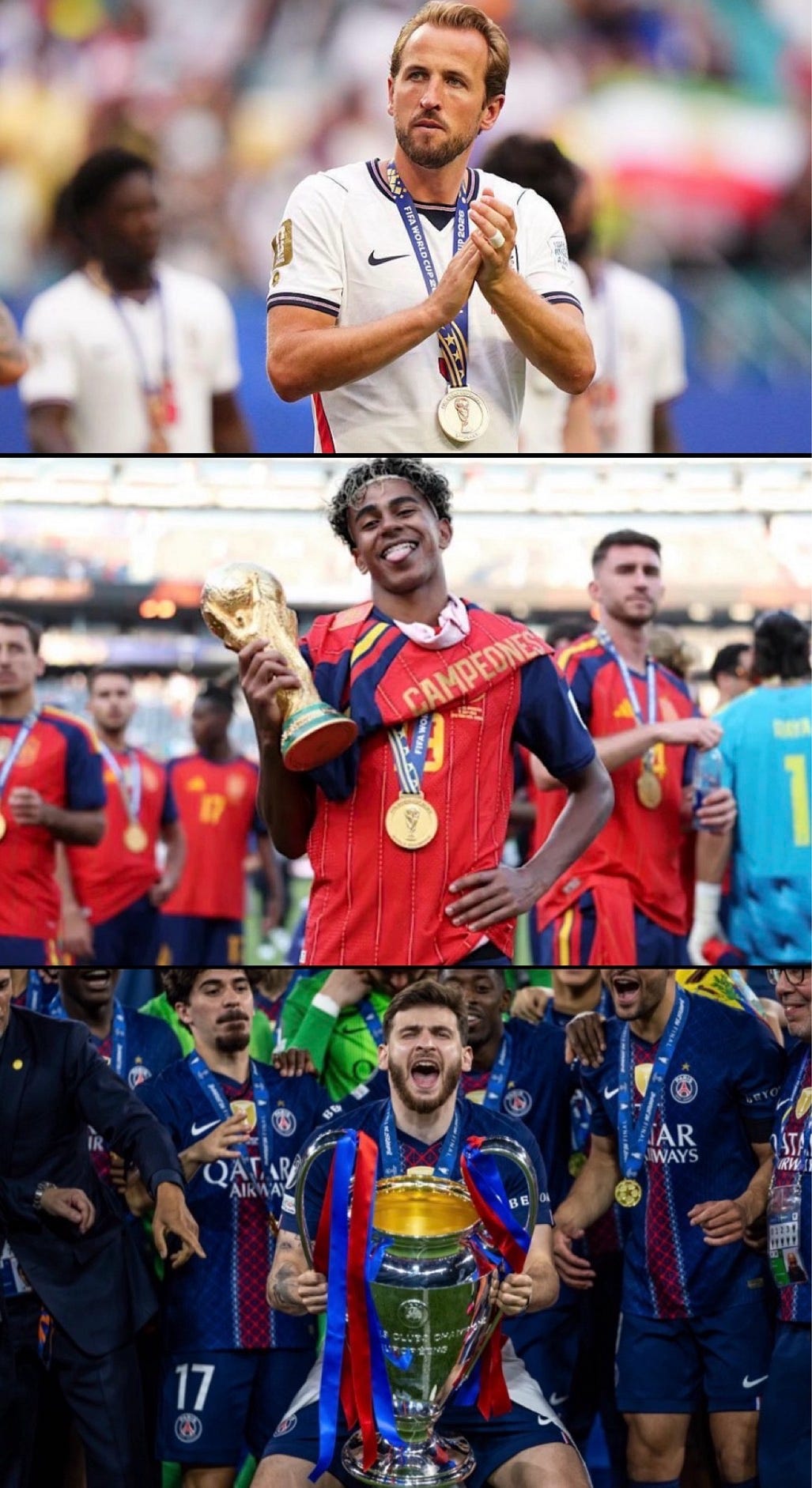 Harry Kane with his World Cup bronze medal, Lamine Yamal with the World Cup trophy, and Khvicha Kvaratskhelia with the Champions League trophy.