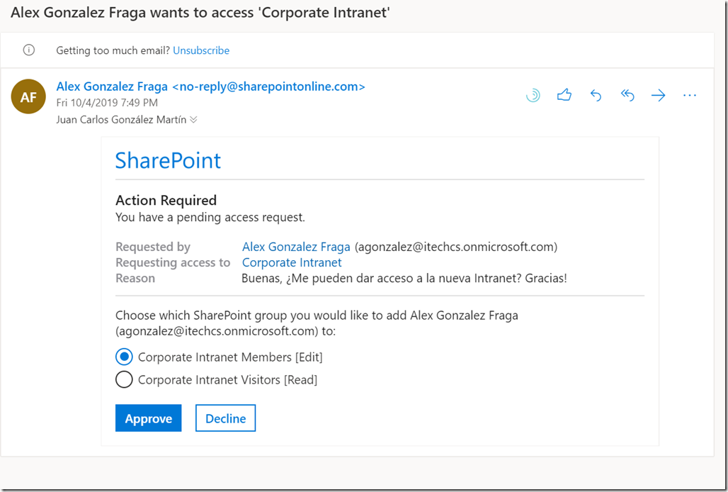 Approving access requests to SPO sites directly from email by Juan
