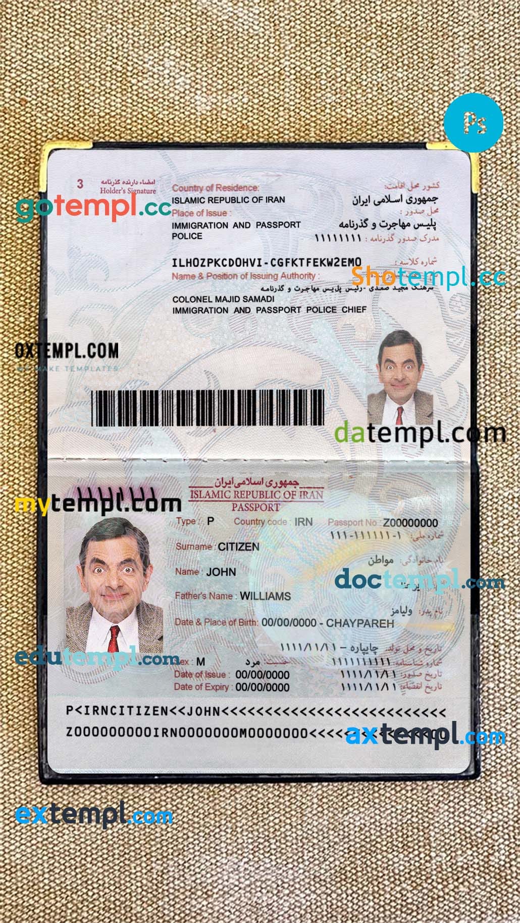 sample Iran passport editable PSD files, scan and photorealistic look
