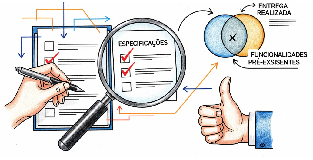 #PraGeralVer: Diagrama de validação de especificações: mão preenche checklist, lupa destaca especificações aprovadas, polegar para cima, e diagrama de Venn mostra a interseção de “Entrega Realizada” e “Funcionalidades Pré-existentes” com um ‘X’, indicando sucesso.