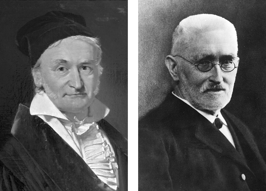 Carl Friedrich Gauss, left, and Richard Dedekind, right. Gauss selected Riemann’s difficult 1854 lecture topic on the foundations of geometry, while Dedekind later helped preserve Riemann’s legacy by publishing the lecture after Riemann’s death. Images via Wikimedia Commons: Gauss, Dedekind, public domain.