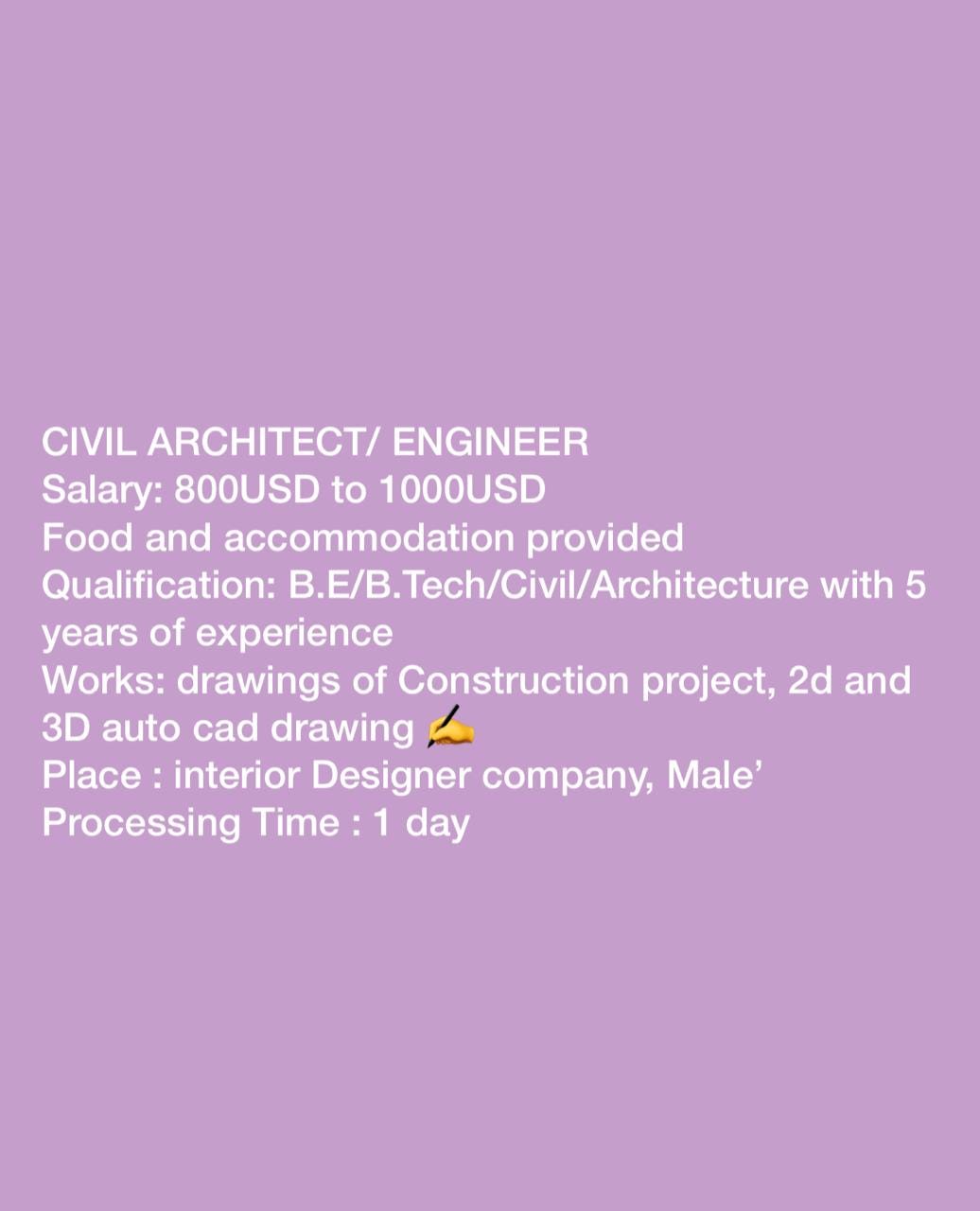 WANTED FOR CIVIL ARCHITECT /ENGINEER IN MALDIVES Shalomagency Medium