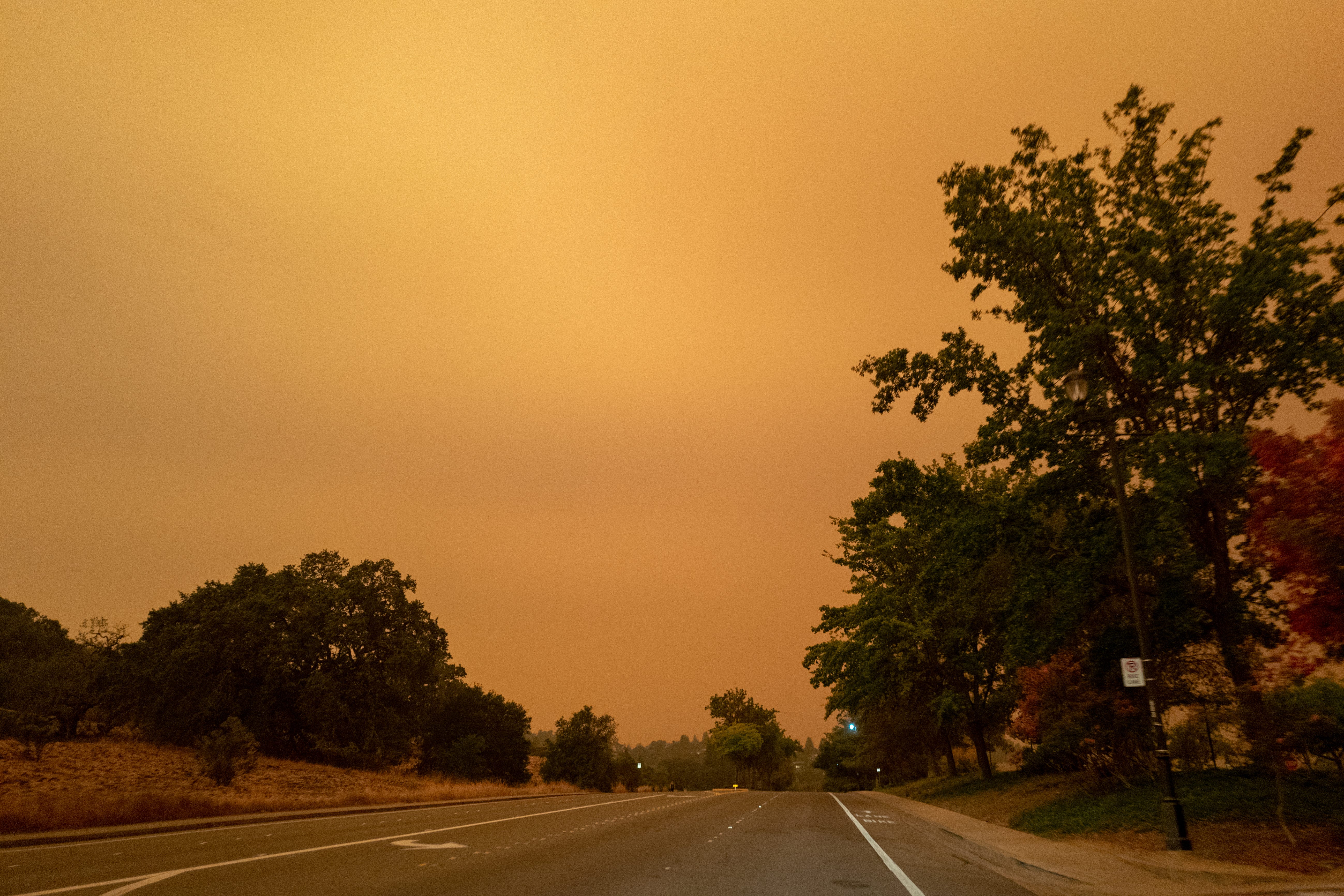 A deserted road under a smoky orange sky.