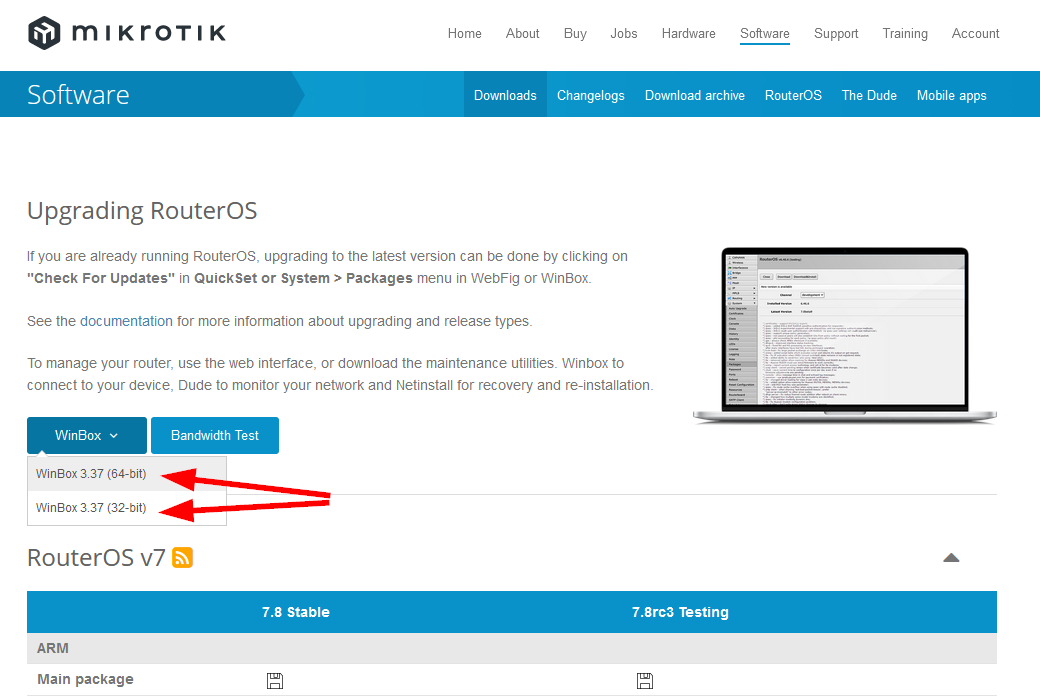 ภาพตัวอย่างหน้าจอเว็บ mikrotik.com/download
