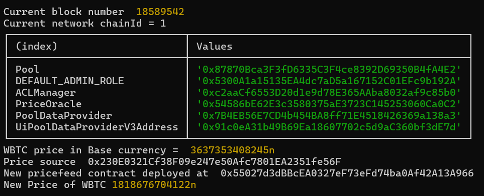 Screenshot of getting new price of WBTC by dropping it by 50% in AAVE protocol