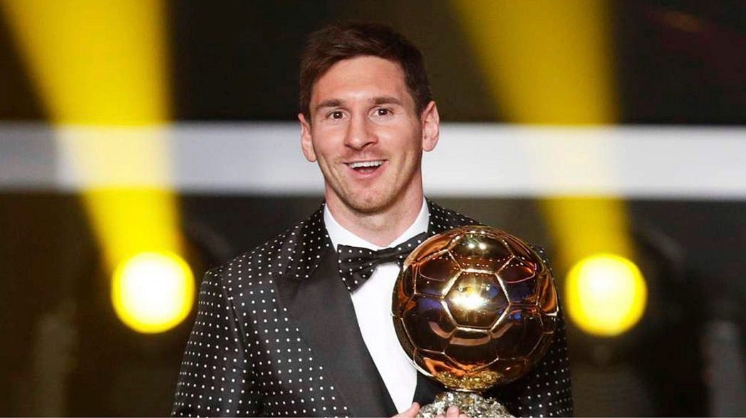 Lionel Messi with the 2012 Ballon d’Or season after a 91-goals season.