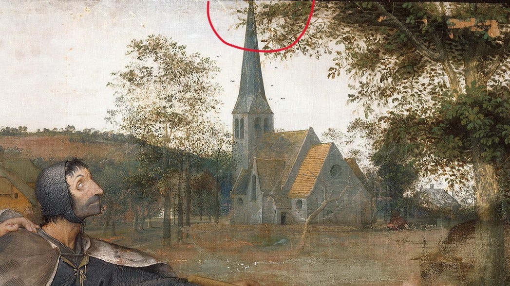 The steeple on the church is missing (Commons Wikimedia)