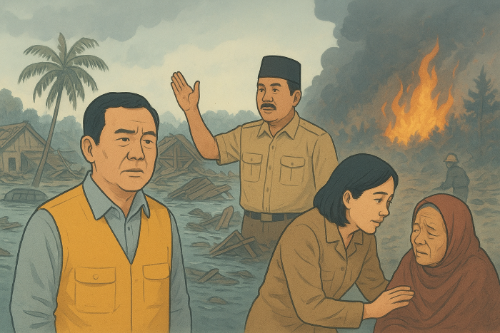ilustrasi pejabat berkampanye di lokasi bencana banjir. Sumber foto : ChatGPT Image Generator