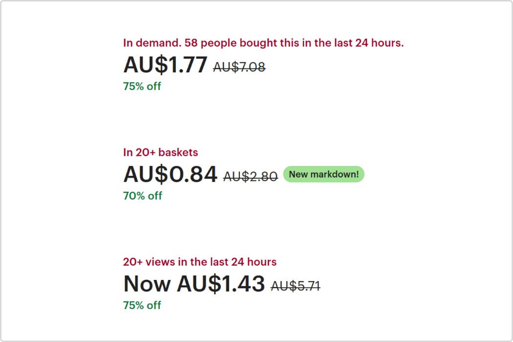 Screenshots from Etsy compiled — Etsy shows various indications of customer demand on the product listing page