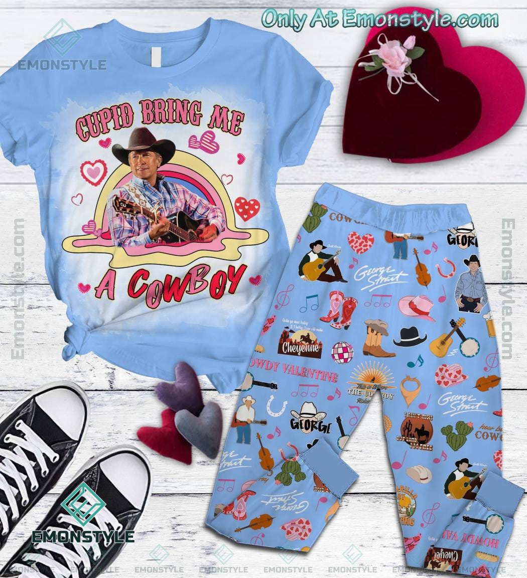 Embrace Valentine's Day with the George Strait Cupid Bring Me A Cowboy  Pajamas Set, by Emonstyle Store