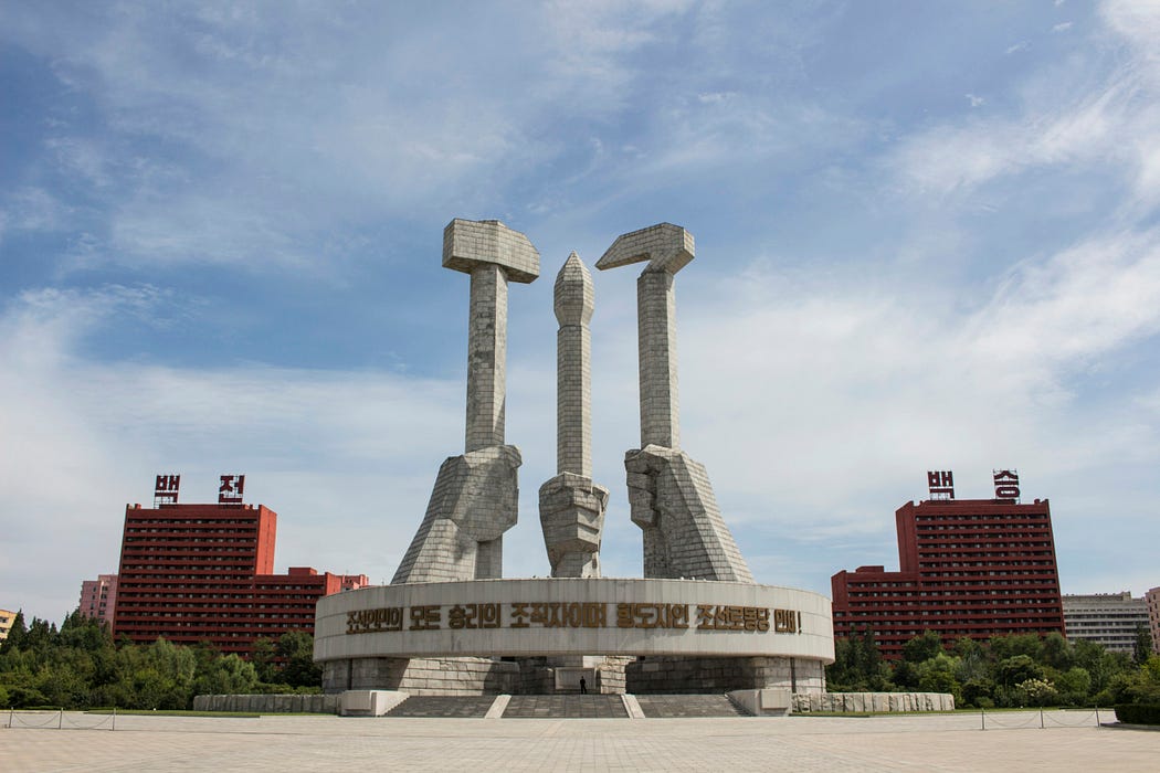 Monument to Party Founding is a monument in Pyongyang, the capital of North Korea. Its hammer, sickle and calligraphy brush symbolize the workers, farmers and intellectuals.