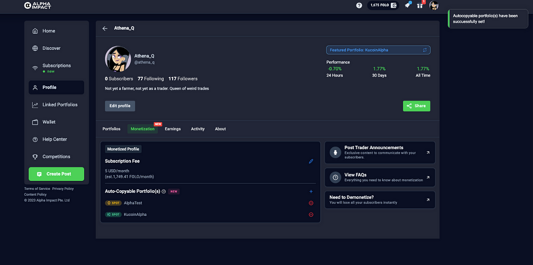 Successfully set your autocopy portfolio(s) on Alpha Impact - image source