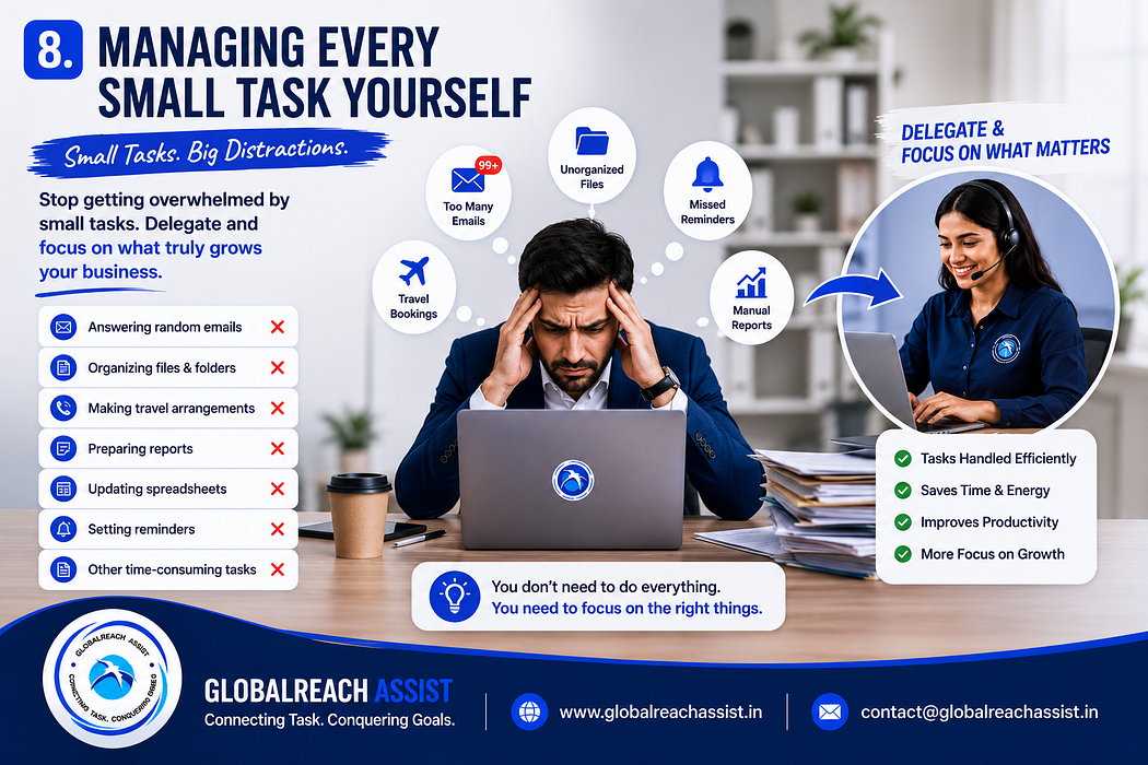Overwhelmed entrepreneur juggling multiple responsibilities instead of delegating routine business tasks.