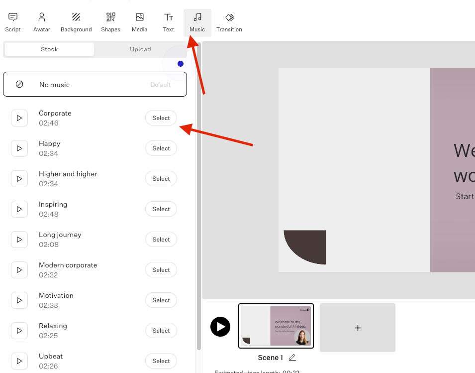 Options for choosing music to the AI video
