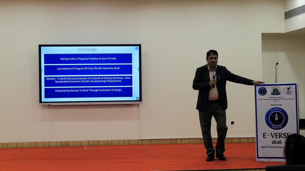 Shreekant Patil shared invaluable insights on Startup India, seed funding, and entrepreneurship with over 200 students at E-Verse 2K26, R. H. Sapat COE Nashik.